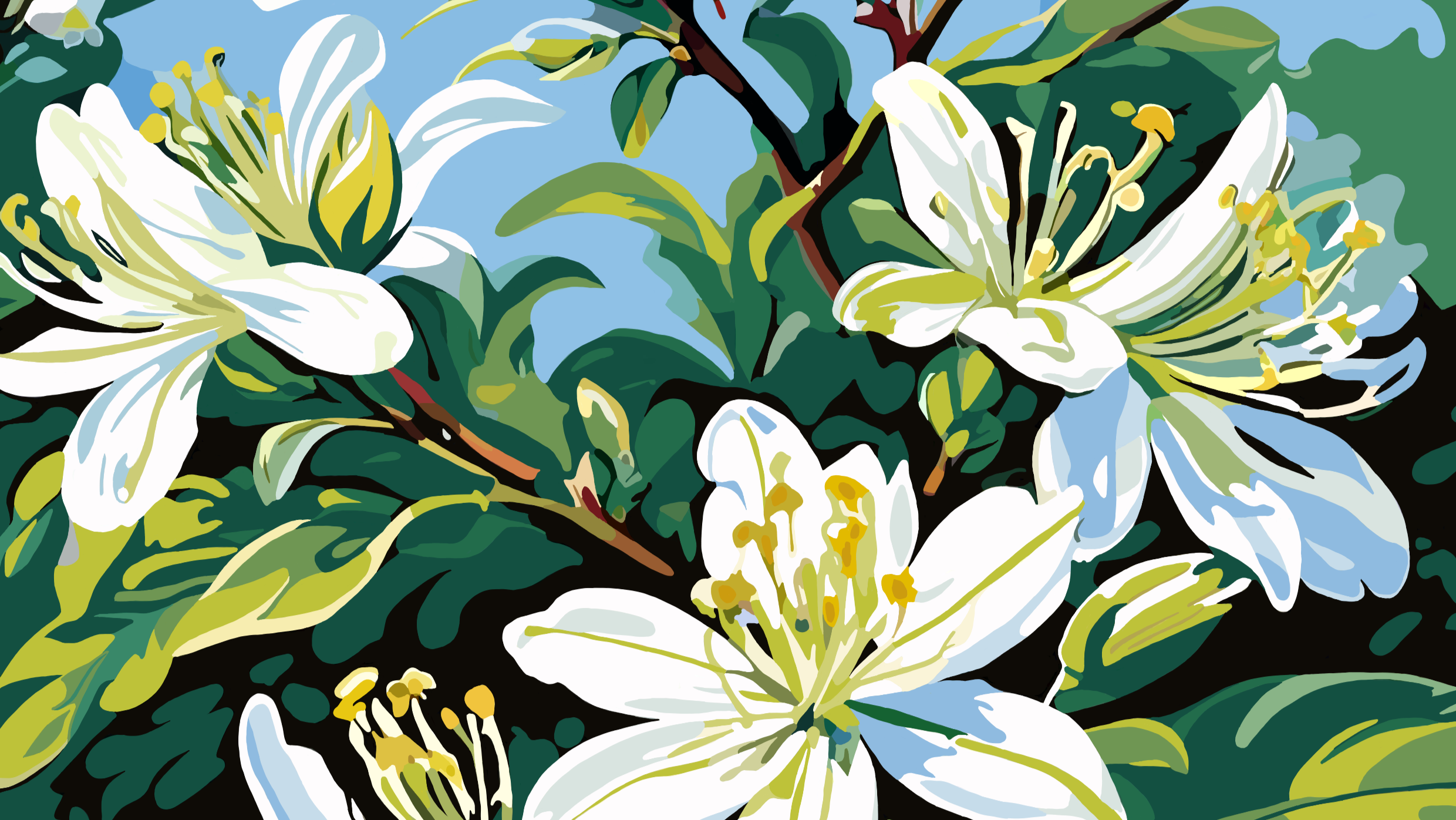 White flowers with green leaves on a blue background