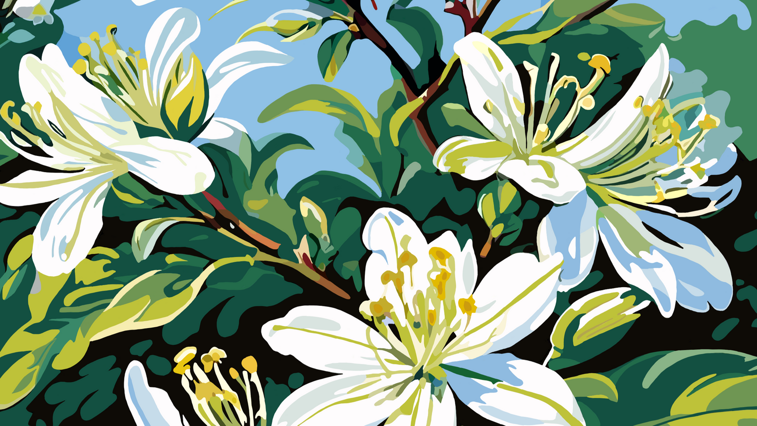 White flowers with green leaves on a blue background